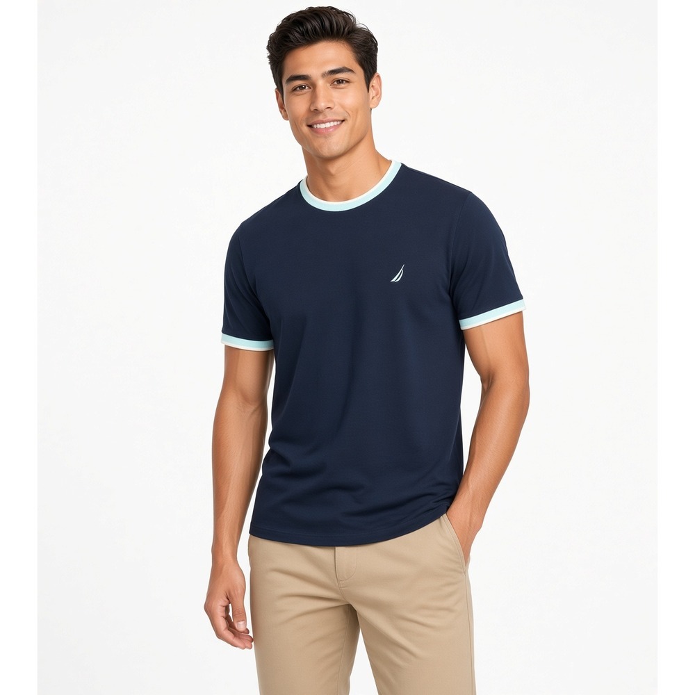 Nautica Crew Neck Ringer Tee Navy Seas L T Shirt Embroidery Logo Cotton Stretch